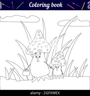Lustige Malbuch für Kinder. Eine Pilzfamilie läuft. Schwarz-Weiß-Vektorgrafik für eine Seite mit einem Kinderspiel. Fiktives carto Stock Vektor