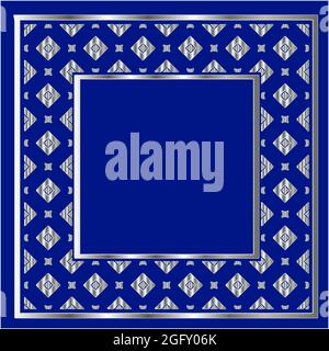 Silberner Rahmen für Designvorlage. Elegantes Element für Design im östlichen Stil, Platz für Text.auf blauem Hintergrund. Vektor-Illustration für invi Stock Vektor