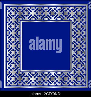 Silberner Rahmen für Designvorlage. Elegantes Element für Design im östlichen Stil, Platz für Text.auf blauem Hintergrund. Vektor-Illustration für invi Stock Vektor