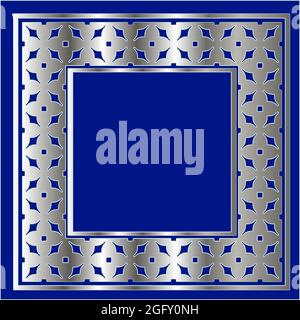 Silberner Rahmen für Designvorlage. Elegantes Element für Design im östlichen Stil, Platz für Text.auf blauem Hintergrund. Vektor-Illustration für invi Stock Vektor