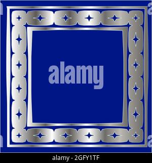 Silberner Rahmen für Designvorlage. Elegantes Element für Design im östlichen Stil, Platz für Text.auf blauem Hintergrund. Vektor-Illustration für invi Stock Vektor