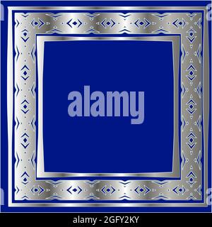 Silberner Rahmen für Designvorlage. Elegantes Element für Design im östlichen Stil, Platz für Text.auf blauem Hintergrund. Vektor-Illustration für invi Stock Vektor