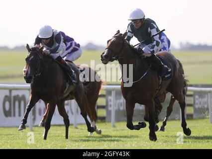 Die magische Lagune wird von Shane Foley (rechts) auf dem Weg zum Gewinn der Manguard Plus Irish EBF Flame of Tara Stakes (Gruppe 3) auf der Curragh Racecourse gefahren. Bilddatum: Freitag, 27. August 2021. Stockfoto
