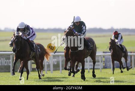 Die magische Lagune wird von Shane Foley (Mitte) auf dem Weg zum Gewinn der Manguard Plus Irish EBF Flame of Tara Stakes (Gruppe 3) auf der Curragh Racecourse gefahren. Bilddatum: Freitag, 27. August 2021. Stockfoto