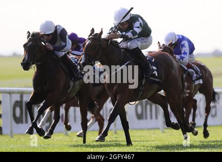 Die magische Lagune wird von Shane Foley (Mitte) auf dem Weg zum Gewinn der Manguard Plus Irish EBF Flame of Tara Stakes (Gruppe 3) auf der Curragh Racecourse gefahren. Bilddatum: Freitag, 27. August 2021. Stockfoto