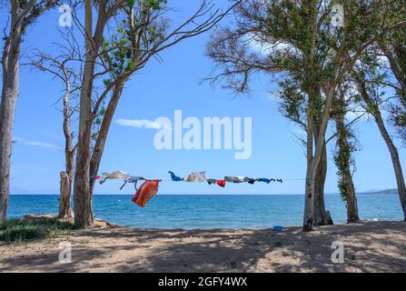 Camper Kleidung trocknen auf einer Wäscheleine, aufgereiht zwischen Bäumen, neben dem Meer an einem Strand in Südgriechenland. Stockfoto