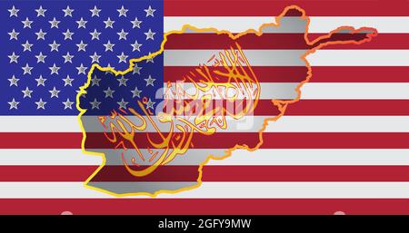 Eine Übersichtskarte von Afghanistan und Taliban-Insignien, die den Hintergrund der Flagge der Vereinigten Staaten von Amerika darstellen. Das Konzept der Probleme EINES Stockfoto