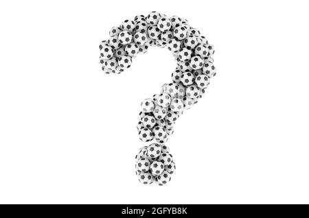 Fragezeichen von Fußballbällen oder Fußballbällen, 3D-Darstellung isoliert auf weißem Hintergrund Stockfoto
