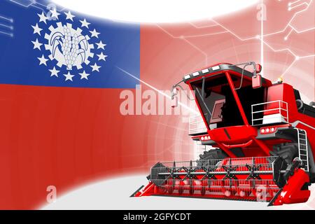 Digitale industrielle 3D-Illustration von rotem Advanced Roggen Mähdrescher auf Myanmar Flagge - Landwirtschafts-Ausrüstung Innovationskonzept Stockfoto