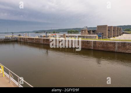 Guttenberg, Iowa. Mississippi River Navigation Lock und Dam. Stockfoto