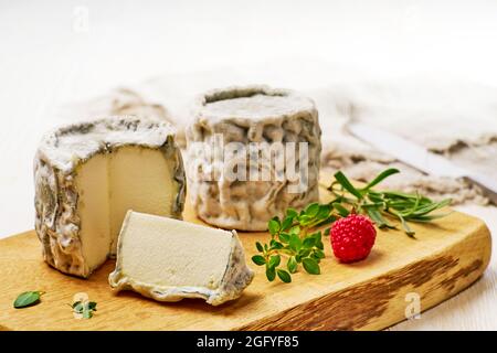 Selles-sur-Cher weicher Ziegenmilchkäse auf Holzbrett über Weiß Stockfoto