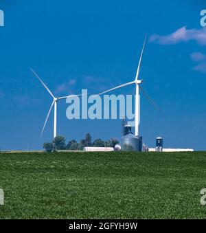 In Der Nähe Von Earlville, Iowa. Behälter für Windmühlen und Getreidelager. Sojabohnen im Vordergrund. Stockfoto