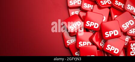 Die Logos der Mitte ließen die SPD auf einem Haufen auf einem Tisch liegen. Speicherplatz kopieren. Webbanner-Format. Stockfoto