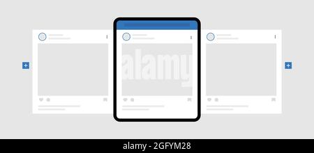Tablet-pc mit Schnittstellen-Karussellpfosten. Carousel Post Mockup-Vorlage. Werbeanzeigen in sozialen Netzwerken posten. Stock Vektor