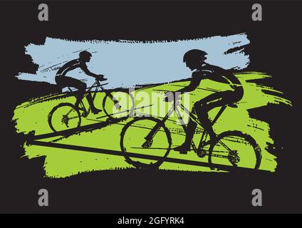 Mountainbiker, Radrennen. Ausdrucksstarke Grunge stilisierte Illustration von Mountainbike-Radfahrern auf schwarzem Hintergrund. Vektor verfügbar Stock Vektor