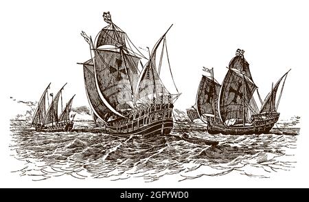 Drei historische Schiffe, die auf dem Meer segeln. Illustration nach antikem Stich aus dem 19. Jahrhundert Stock Vektor