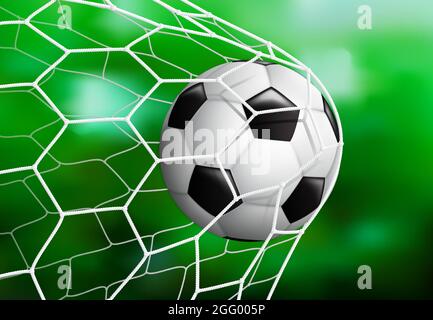 Realistischer Fußball-Fußball im Tornetz auf dem grünen Rasen Hintergrund, Vektorgrafik Stock Vektor