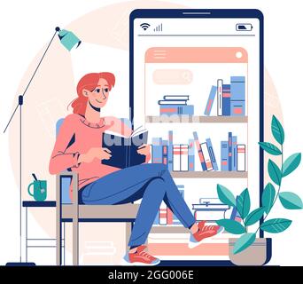 Online-Bibliothek, E-Book-Lesekonzept. Vektorgrafik virtuelle Bibliothek auf einer mobilen App. Anwendungen zum Lesen und Herunterladen von Büchern, Hörbüchern. Isolierter Hintergrund, flacher Stil. Stock Vektor