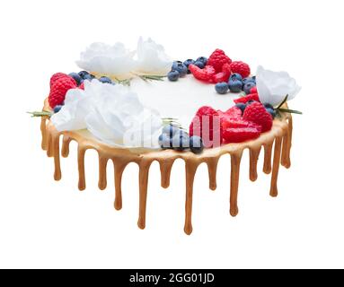 Schöne isolierte Dekoration eines appetitlichen Kuchen. Schöne Farben. Geburtstagskuchen.wunderschön mit Glasur dekoriert. Stockfoto