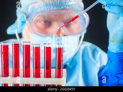 Blutforschung. Der Arzt arbeitet mit der Blutprobe. Bluttest im Labor. Medizinische Geräte. Nahaufnahme. Stockfoto