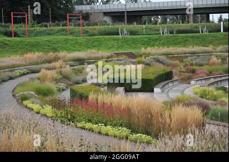 BOTTROP, DEUTSCHLAND - 21. AUGUST 2021: Bepflanzung im mehrjährigen Wiesenstil, entworfen von Piet Oudolf im öffentlichen Park Bern Stockfoto