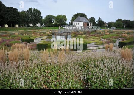 BOTTROP, DEUTSCHLAND - 21. AUGUST 2021: Bepflanzung im mehrjährigen Wiesenstil, entworfen von Piet Oudolf im öffentlichen Park Bern Stockfoto