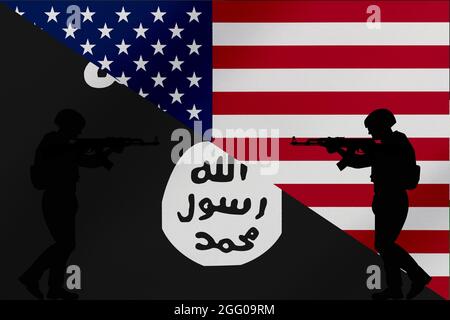 Soldat oder Polizei in Kampfposition mit Gewehr mit ISIS ISIS-K ISLAMISCHER STAAT KHORASAN und USA USA Flaggen Hintergrund. Stockfoto