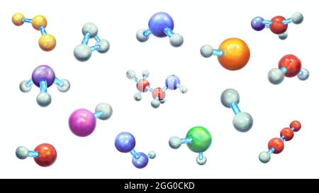 Sortiment von Molekülen, Illustration. Obere Reihe von links nach rechts: S3-, H3+, H2O, ARH+, CH2O. Mittlere Reihe von links nach rechts: NH3, Heh+, Ethanol, CO2. Untere Reihe von links nach rechts: CH+, HO2, H2Cl+, C3H+. Stockfoto