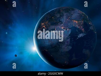Abbildung von Erde und Mond, die einen großen Teil des Planeten in Dunkelheit zeigen. Städte werden glitzern gesehen und definieren die Ränder der Kontinente. Diese Ansicht zeigt Europa, Asien und Afrika, der Mond ist links davon. Stockfoto
