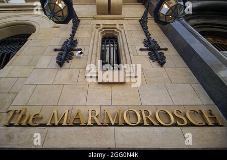 Bukarest, Rumänien - 19. August 2021: Die Marmorosch Bucharest, Autograph Collection Hotels von Marriott, eröffnet in kürzlich restauriertem Blank MARM Stockfoto