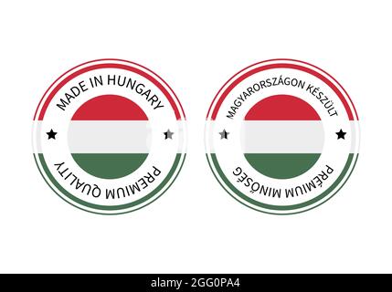 In Ungarn hergestellte runde Etiketten in englischer und ungarischer Sprache. Vektorsymbol für Qualitätsmarken. Perfekt für Logo-Design, Tags, Abzeichen, Aufkleber, Emblem, Stock Vektor