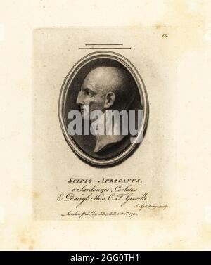 Publius Cornelius Scipio Africanus, 236/235–183 v. Chr., römischer General und Militärkommandant. Scipio Africanus. In Sardonyx, Coelatus und Dactylotheca. Aus der Sammlung des Antiquars Charles Francis Greville. Mezzotint Kupferstich von John Spilsbury aus seiner Collection of Fifty Prints from Antique Gems, John Boydell, London, 1785. Stockfoto