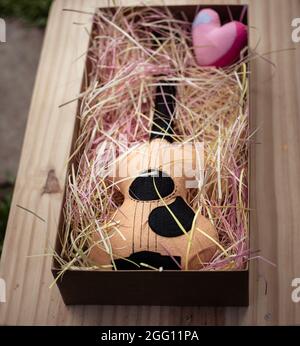 Spielzeug Plüsch Gitarre und ein rosa Herz in einer Geschenkbox mit bunten Papierstreifen gefüllt, Jahrestag Feier schöne Geschenkidee. Stockfoto