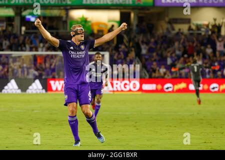 Orlando, Usa. August 2021. Robin Jansson (6 Orlando City) feiert sein Tor, das später während des Major League Soccer-Spiels zwischen Orlando City und Inter Miami im Exploria Stadium in Orlando, Florida, verboten wurde. KEINE KOMMERZIELLE NUTZUNG. Kredit: SPP Sport Pressefoto. /Alamy Live News Stockfoto