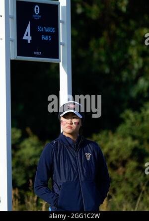 Rose Zhang ON des US-Teams. Der 4. Abschlag während des Curtis Cup Day 2 2021 - Morning Foursomes im Conwy Golf Club, Conwy, Wales am 27/8/21 . (Steve Flynn/ Stockfoto