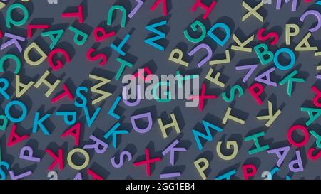 Abstraktes Muster Bildung Hintergrund. Mehrfarbige englische Alphabete von oben. 3D-Rendering-Illustration. Stockfoto