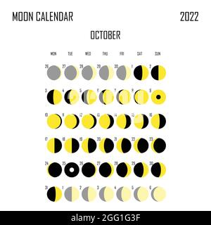 Oktober 2022 Mondkalender. Astrologisches Kalenderdesign. planer. Platz für Aufkleber. Modell des Monatszyklus-Planers. Isolierter Schwarzweiß-Hintergrund Stock Vektor