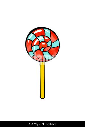 Illustration einer farbigen Süßwarenzeichnung: Rot-blauer Lollipop auf weißem, isoliertem Hintergrund. Hochwertige Illustration Stockfoto