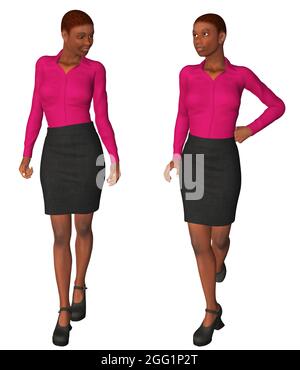 Digitale gerenderte schwarze Frau trägt rosa Bluse und dunklen Rock, 3d-Illustration. Stockfoto