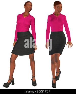 Digitale gerenderte schwarze Frau trägt rosa Bluse und dunklen Rock, 3d-Illustration. Stockfoto