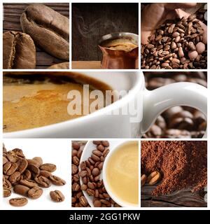 Kaffeecollage mit Kaffeetasse und Bohnen Stockfoto