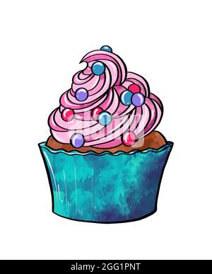 Illustration einer farbigen Zeichnung von Süßigkeiten: Brauner Cupcake mit rosa Fliedercreme und verziert mit verschiedenen Farben von Pillen auf einem weißen isolierten Hintergrund. Hochwertige Illustration Stockfoto