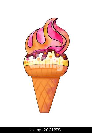 Abbildung einer farbigen Zeichnung von Süßigkeiten: Gelbes Eis in einem Waffelkegel mit rosa Creme auf weißem, isolierten Hintergrund. Hochwertige Illustration Stockfoto