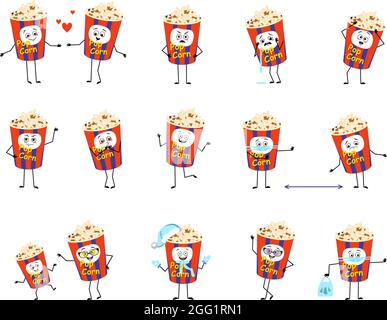 Set Popcorn in einer Weihnachtskiste Charaktere mit Emotionen, Gesicht, Händen und Beinen. Fröhlicher oder trauriger Snack für das Kino und Filme verliebt sich, hält Distanz in einer Maske, tanzt in einem Weihnachtsmütze Stock Vektor