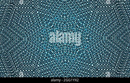 Viele Flexschlauchstücke aus Edelstahl in Stahlgeflecht als komplizierte abstrakte Muster und Designs in blauem Licht. Stockfoto