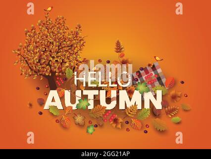 hallo Herbst stilvolle Hintergrund schmücken mit Blättern und Früchten. Web-Banner. Vektorgrafik Poster Vorlage Design. Stock Vektor