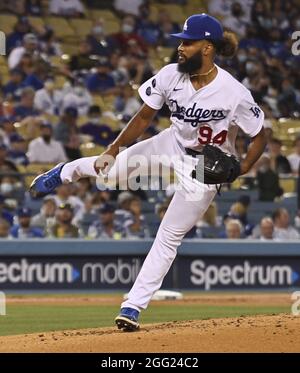 Los Angeles, Usa. August 2021. Andre Jackson von Los Angeles Dodgers' Pitcher liefert am Freitag, den 27. August 2021, während des fünften Innings gegen die Colorado Rockies im Dodger Stadium in Los Angeles aus. Foto von Jim Ruymen/UPI Credit: UPI/Alamy Live News Stockfoto