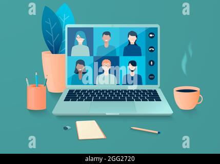 Online-Treffen von Personen mit Videokonferenzen. Telekonferenzen und Arbeiten von zu Hause oder von überall aus. Vektorgrafik. Stock Vektor