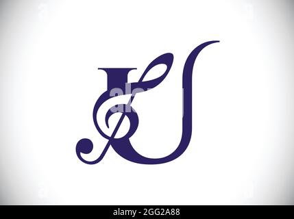 Anfängliches U-Monogramm-Alphabet mit einer musikalischen Note. Symphonie- oder Melodiezeichen. Symbol für Musikzeichen. Schrift-Emblem. Moderne Vektor-Logo-Design-Vorlage. Stock Vektor