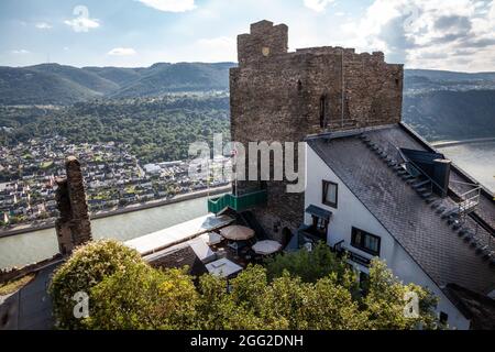 Blick auf das Rheintal vom Schloss Liebenstein in Kamp-Bornhofen Stockfoto